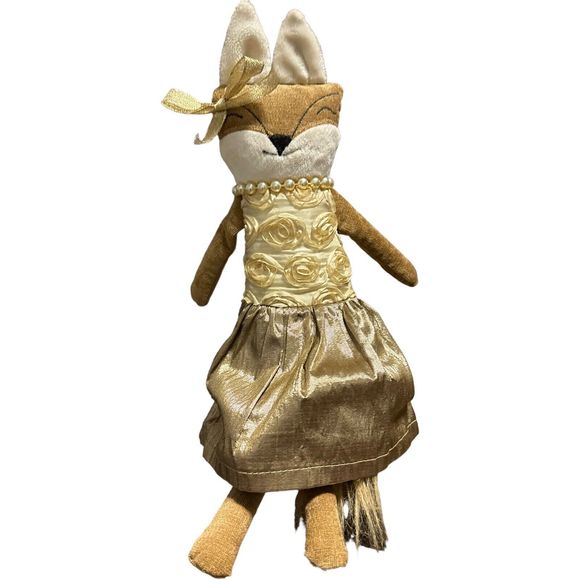 Woof & Poof Christmas Fox Gold Rose Dress Pearls Shelf Sitting Doll 2012 Rare - Picture 4 of 16